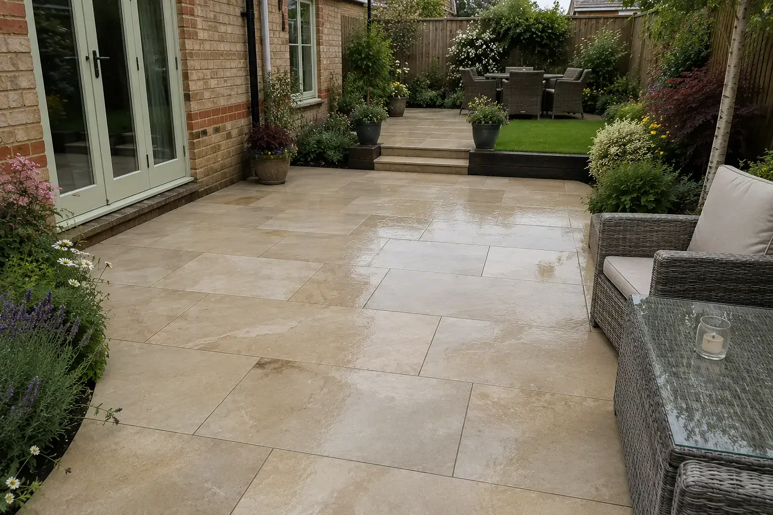 Beige porcelain patio with landscaped garden in Ely, Cambridgeshire
