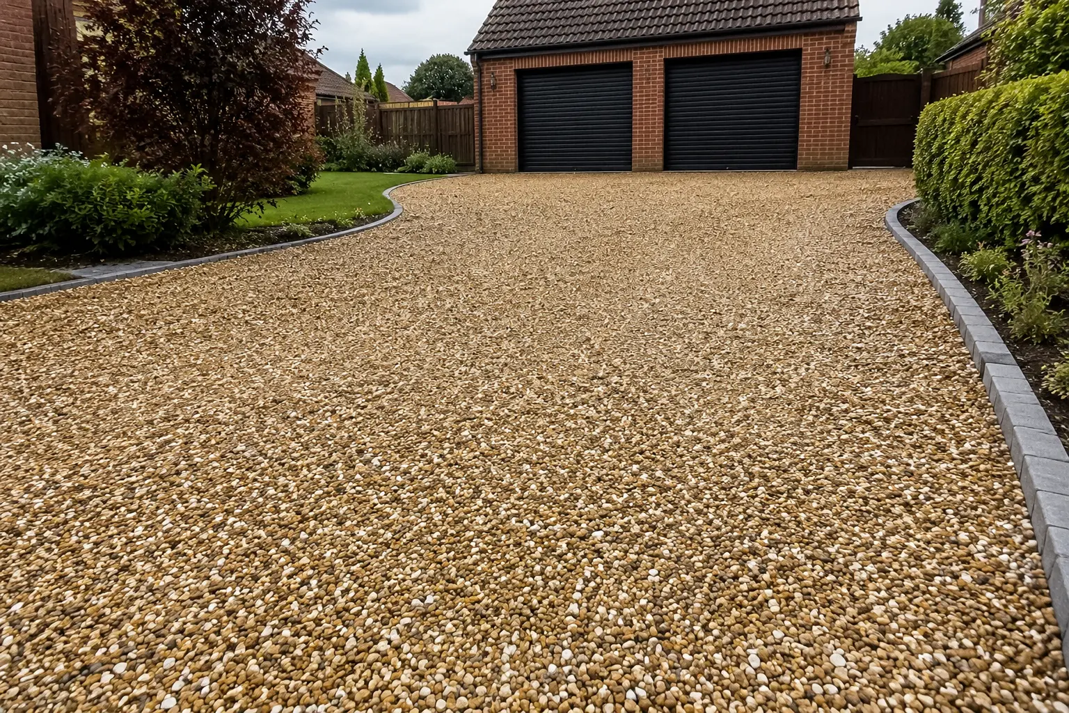 Decorative gravel driveway with block edging outside a detached brick home in Cambridgeshire