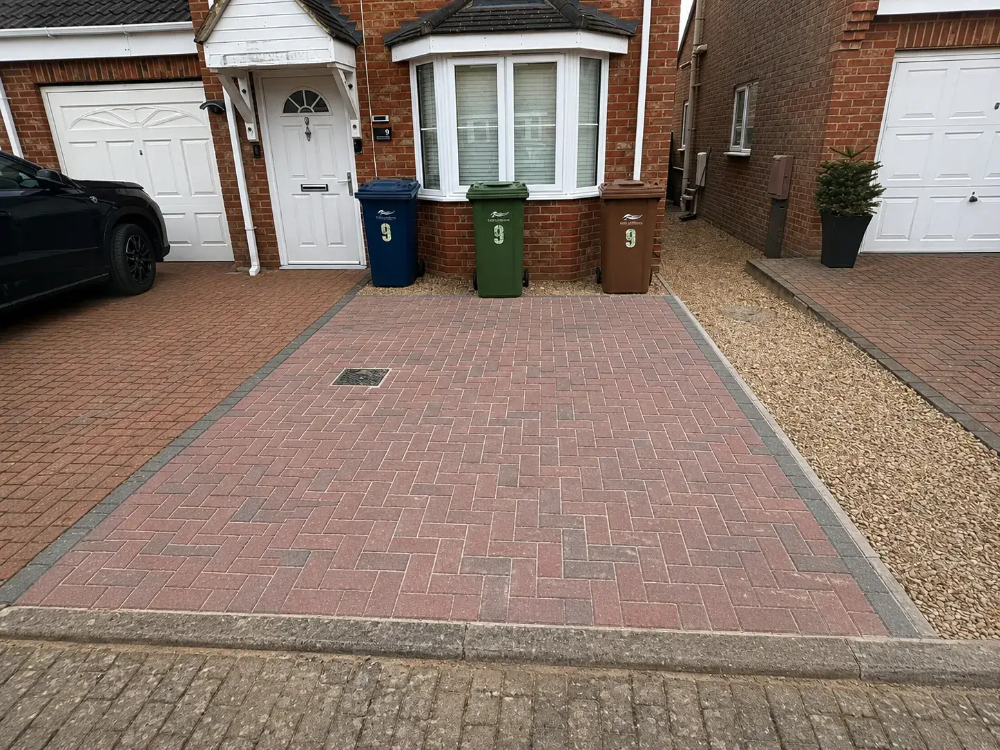 Large finished block paving driveway outside a residential property near Cambridge.