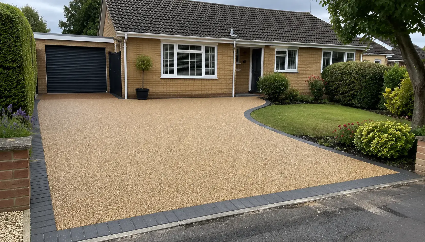 Buff resin bound driveways in Ely with charcoal block edging installed outside a brick bungalow in Cambridgeshire.