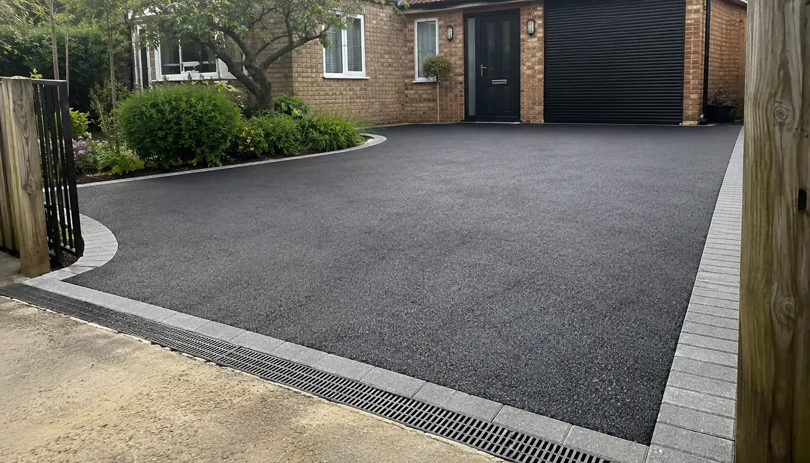 Freshly laid tarmac driveway with block paving edging installed by Champion Construction in Ely Cambridgeshire