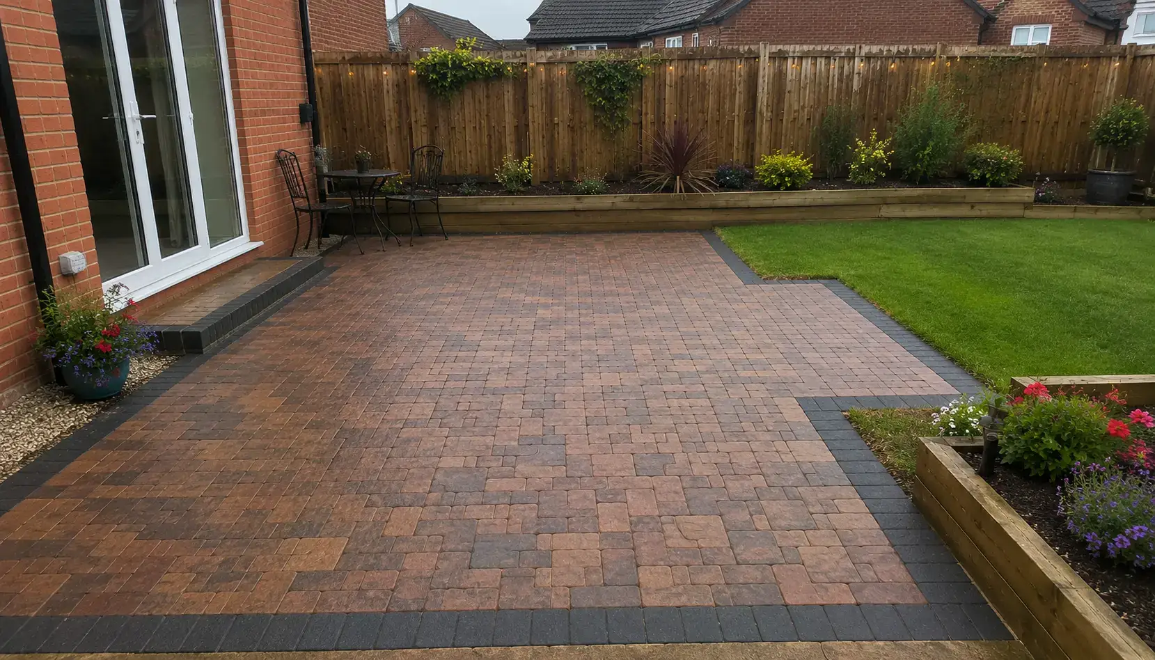 Block paved patios in Ely featuring red and charcoal block paving in a decorative pattern with contrasting border edging and landscaped garden beds.