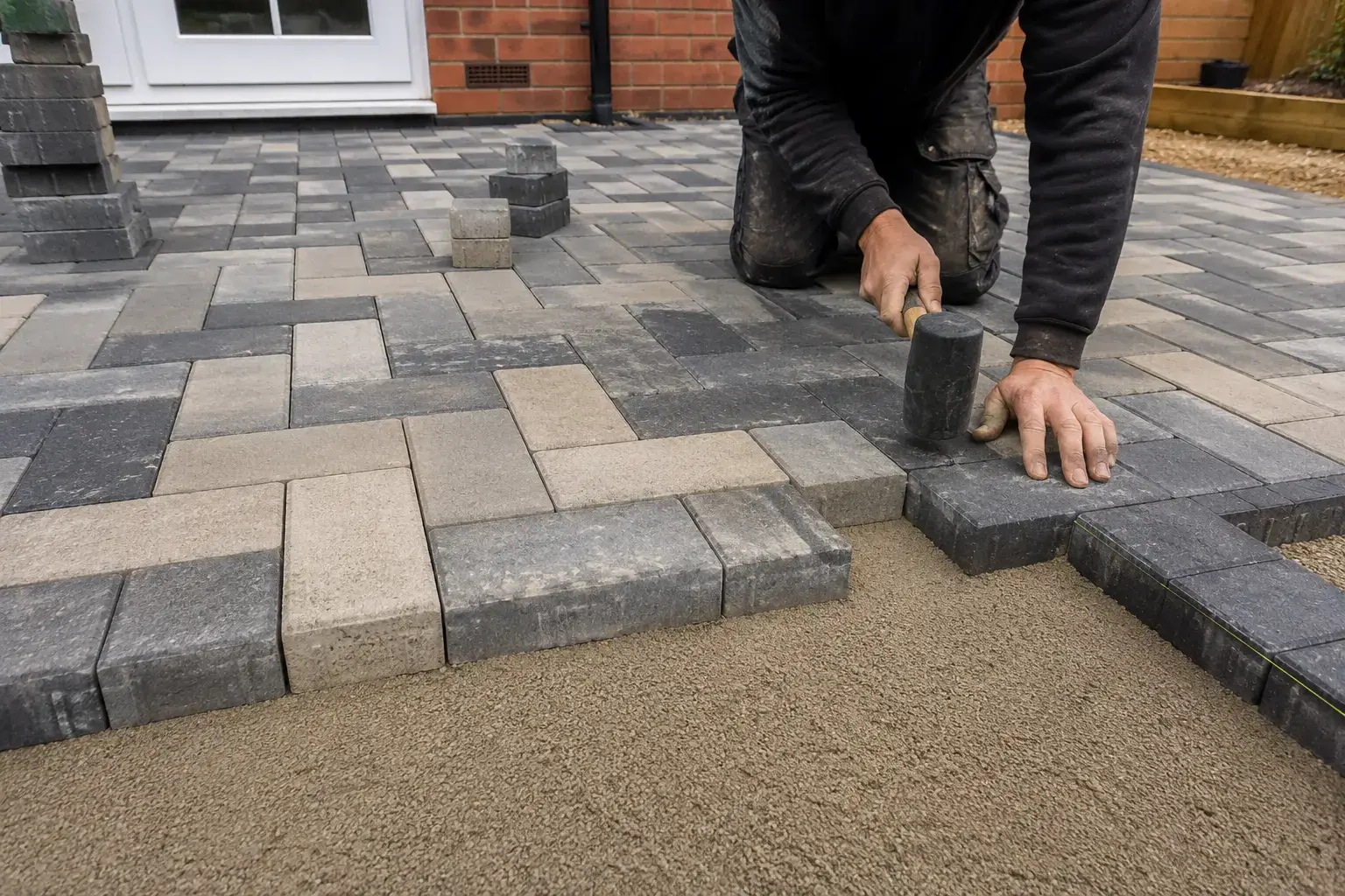 Contractor installing a block paved patios in Ely, Cambridgeshire using contemporary grey paving blocks and charcoal border edging.