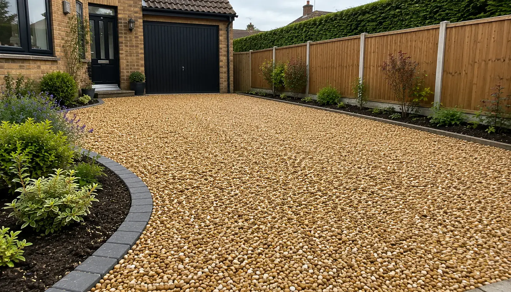 Finished golden buff gravel driveway at a residential property in Ely, featuring decorative charcoal block edging, landscaped planting borders, and a brick home with garage.