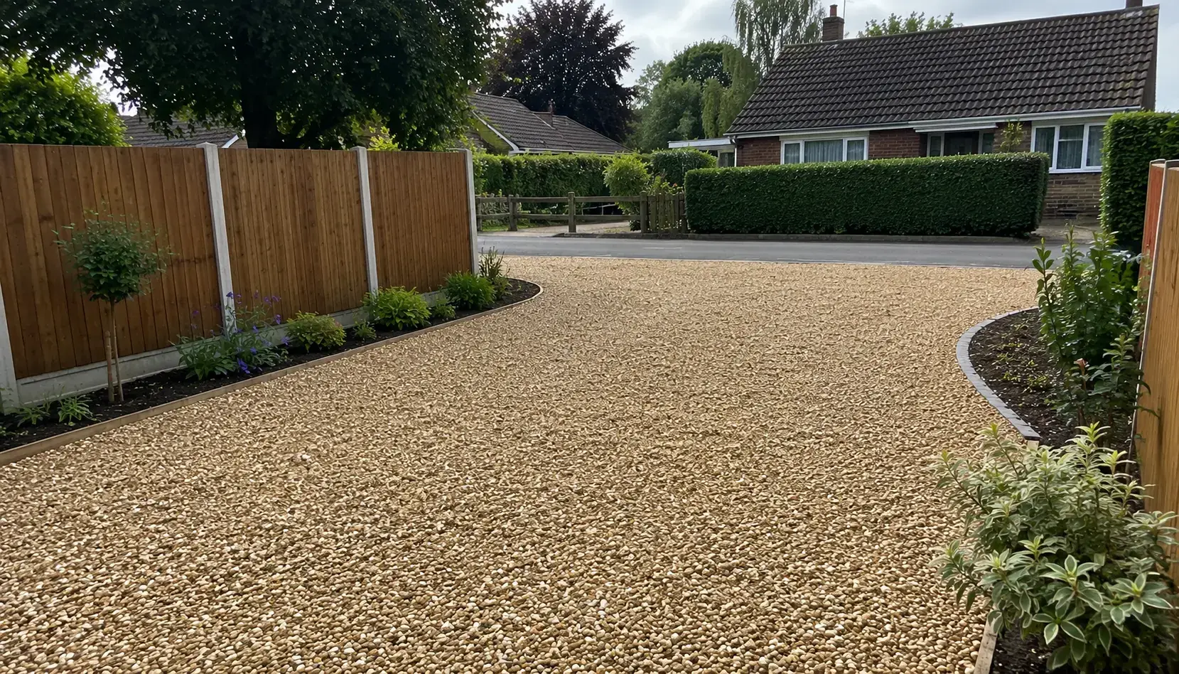 Freshly laid gravel driveway at a residential property in Cambridgeshire, featuring golden buff gravel, timber fencing, planted borders, and a neat curved edge finish.