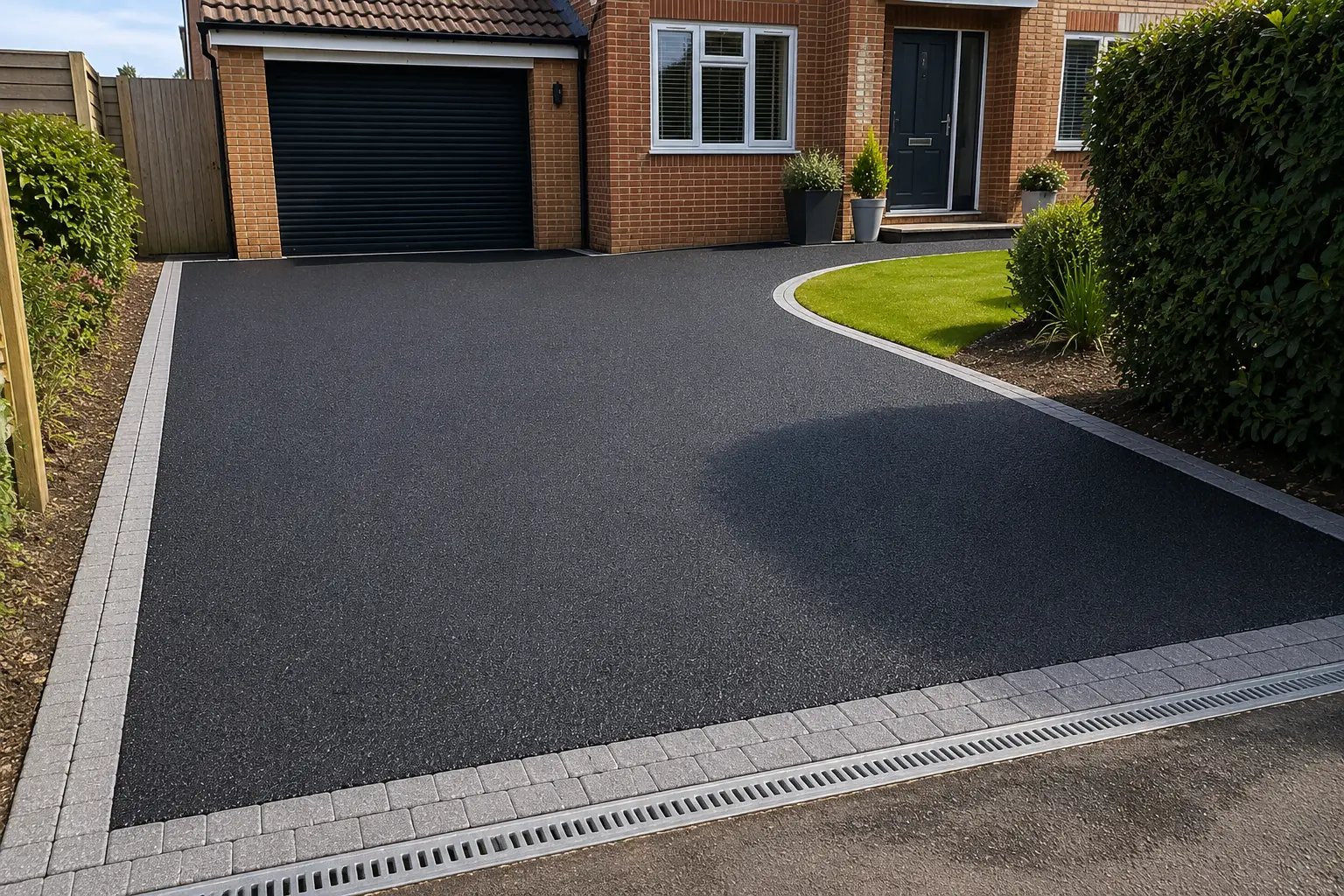 Tarmac driveway installation in Ely, Cambridgeshire featuring a newly completed black tarmac driveway with block paving edging and drainage channel by Champion Construction.
