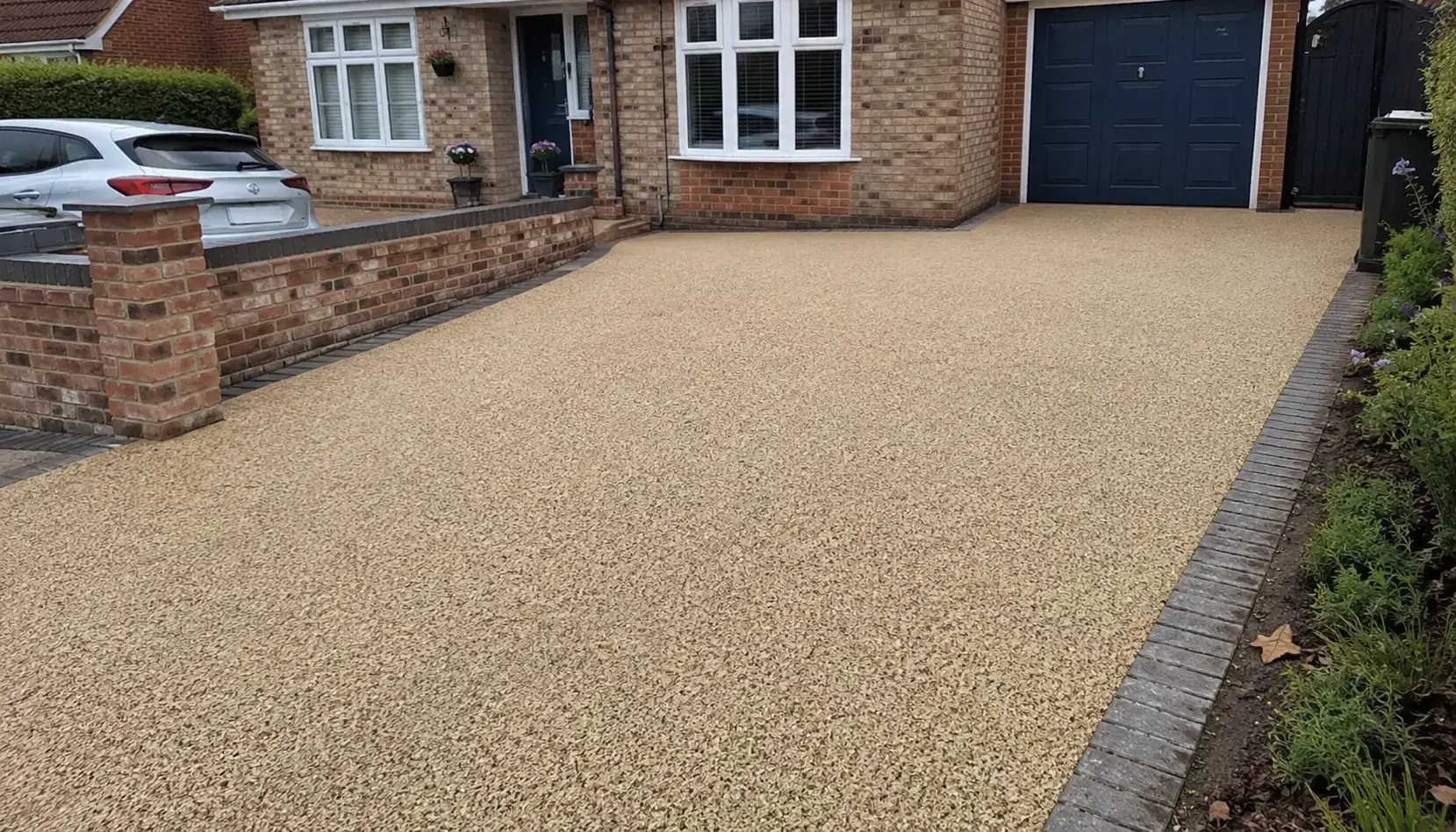 Buff gold resin bound driveway with grey block edging outside a detached brick house in Cambridgeshire, featuring a smooth seamless finish and landscaped front garden.