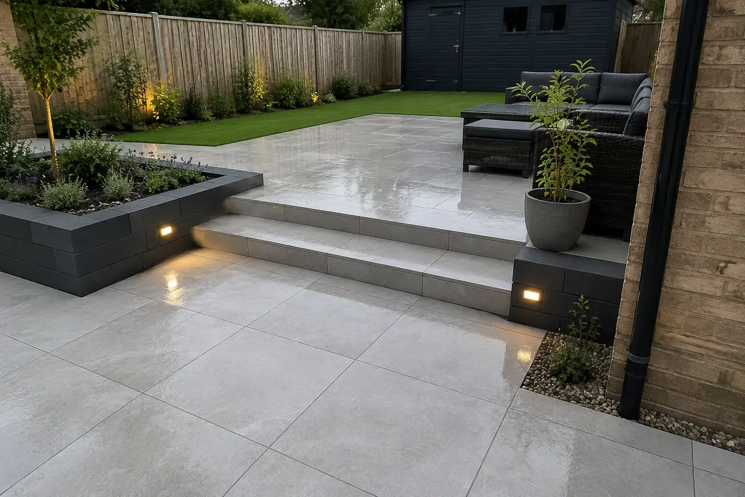 Modern grey porcelain patio with raised planters and garden seating in Ely