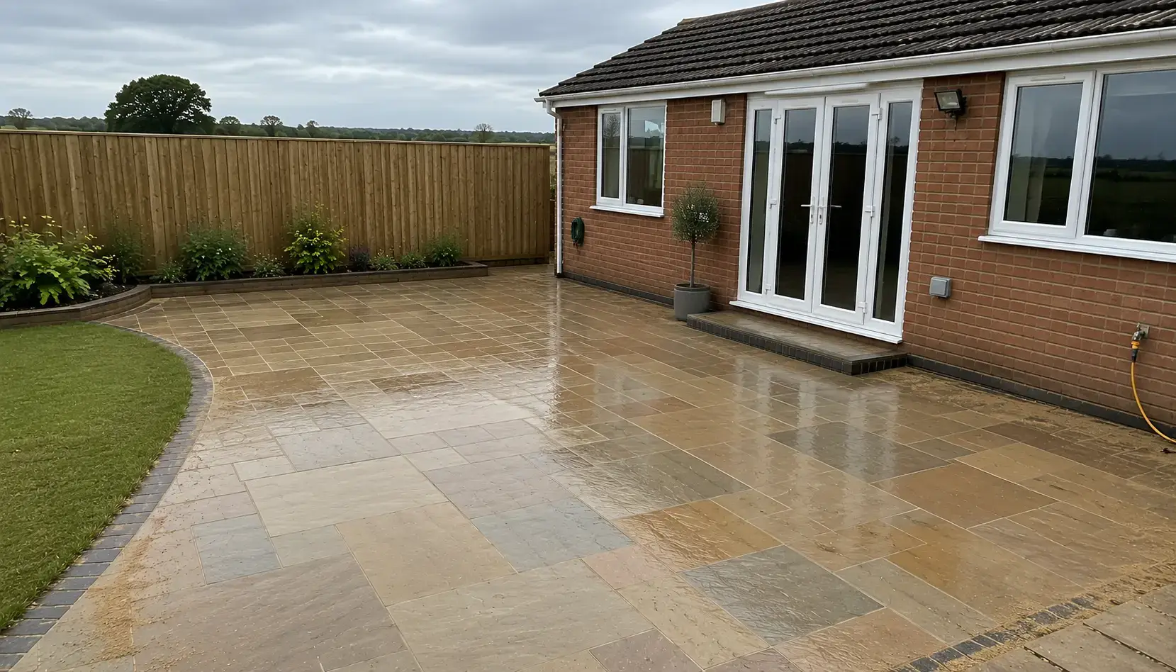Newly installed Indian sandstone patio at a detached bungalow overlooking Fenland countryside near Ely, Cambridgeshire.