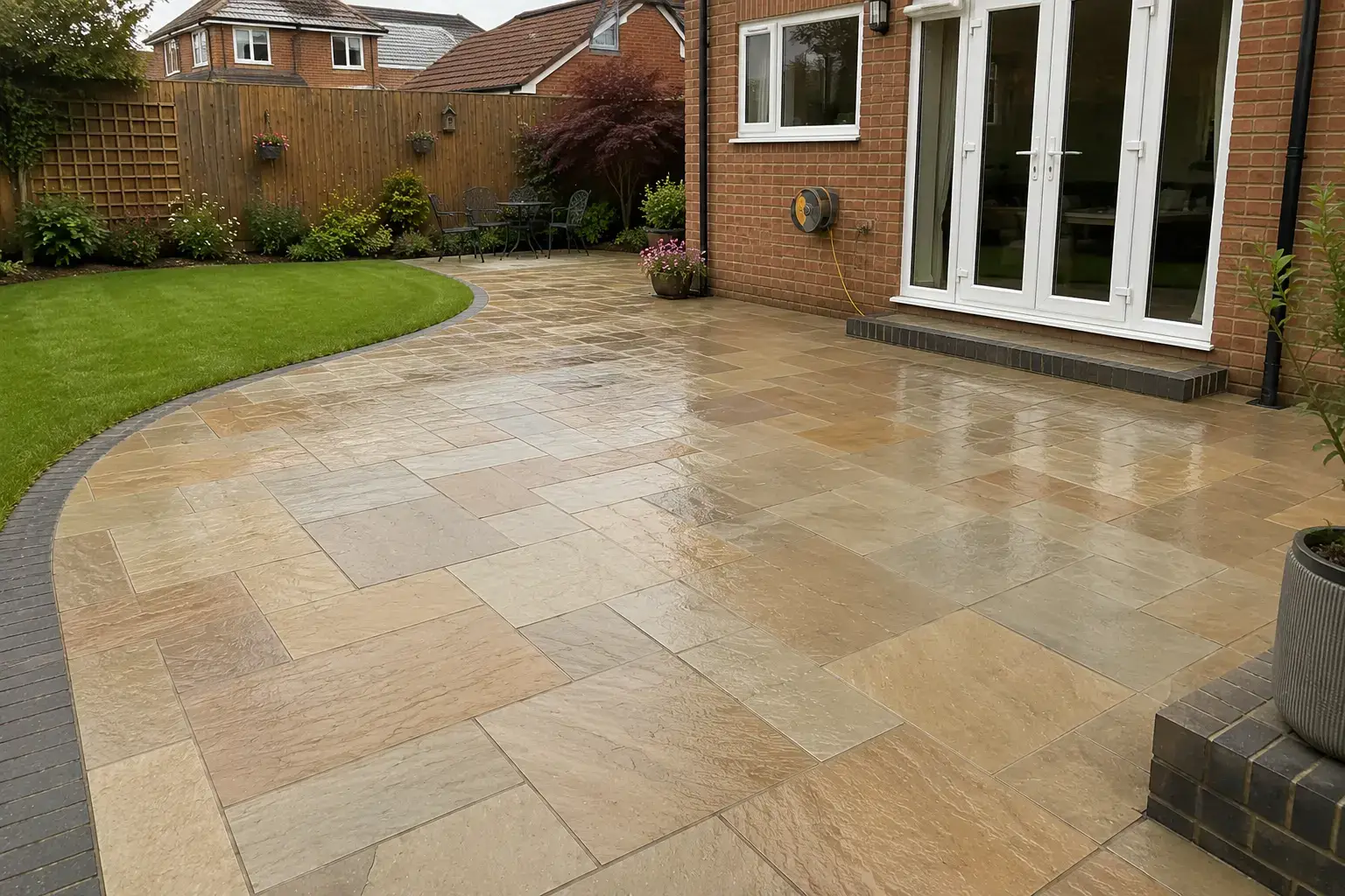 Large Indian sandstone patio with curved lawn edging, landscaped garden and modern brick home in Ely, Cambridgeshire.
