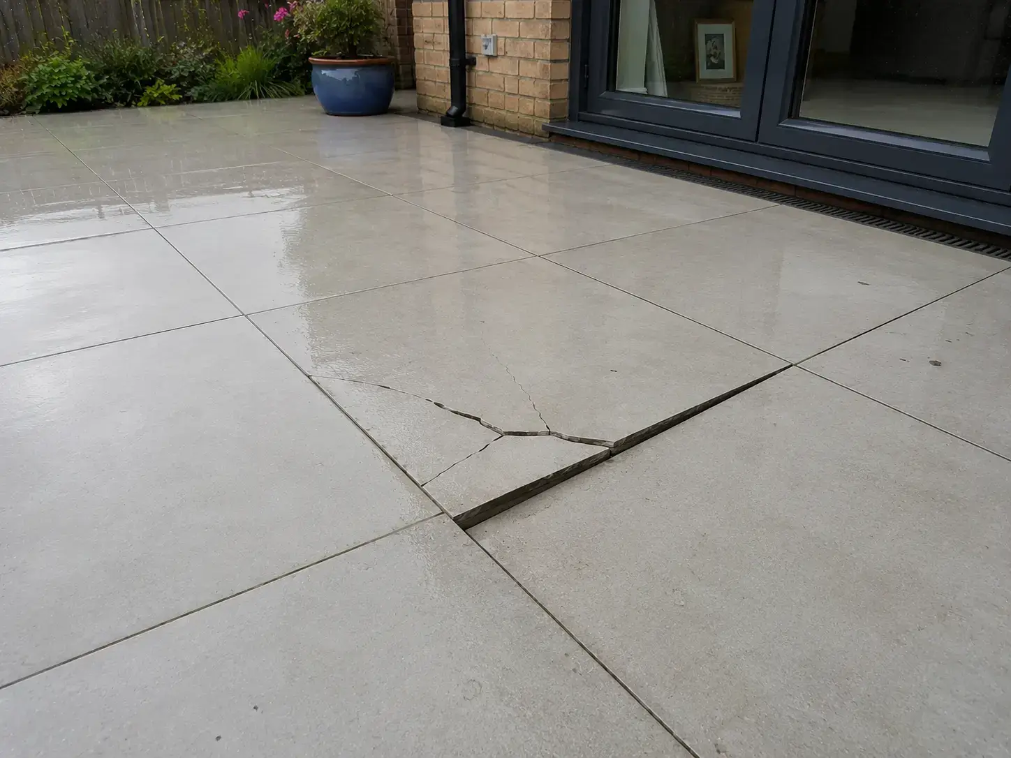 Patio repairs in Ely showing a cracked porcelain patio slab caused by ground movement and sub-base settlement beneath the paving.