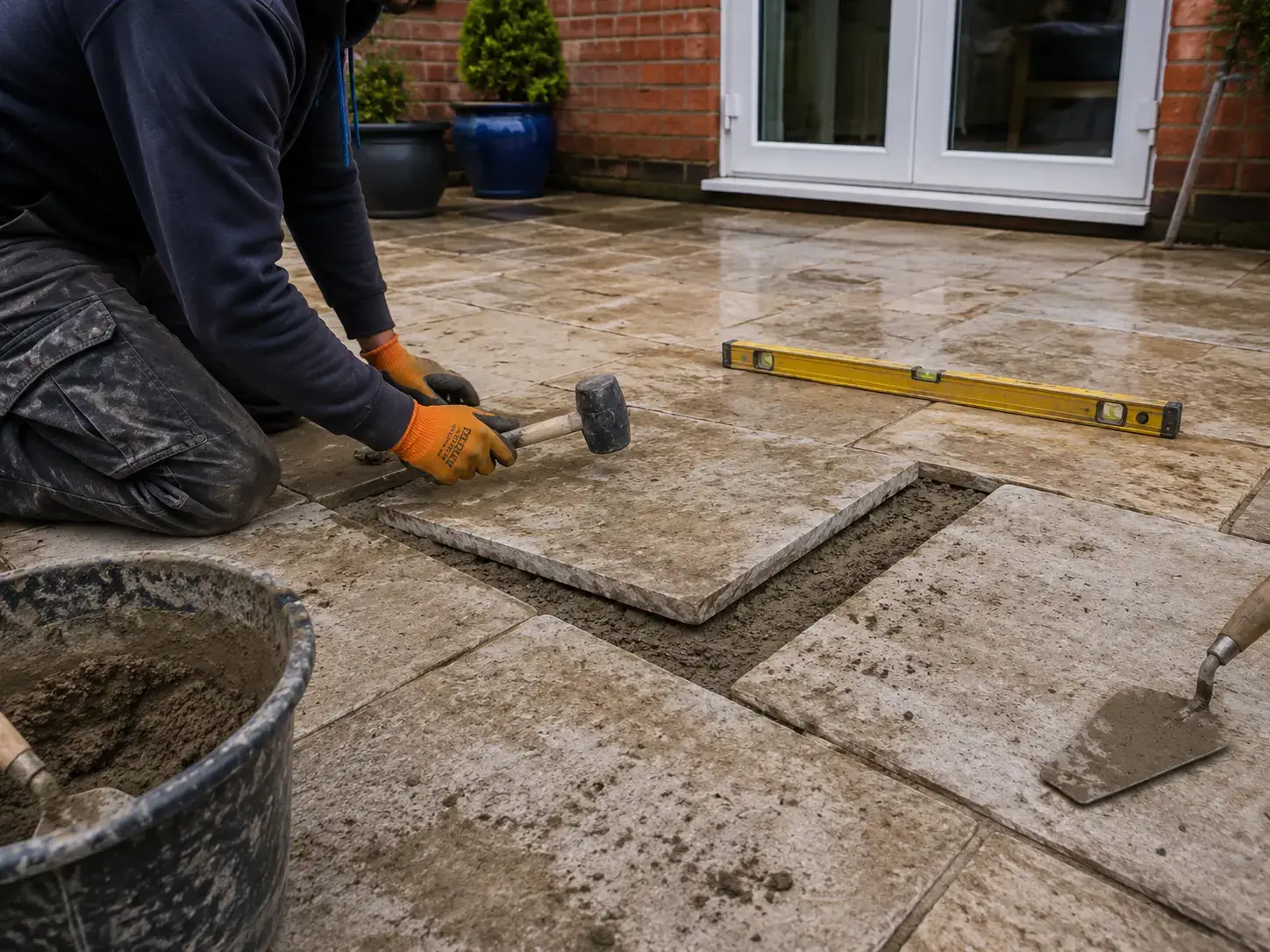 Patio repairs in Ely showing a contractor re-laying an Indian sandstone slab after repairing the sub-base beneath a damaged patio.