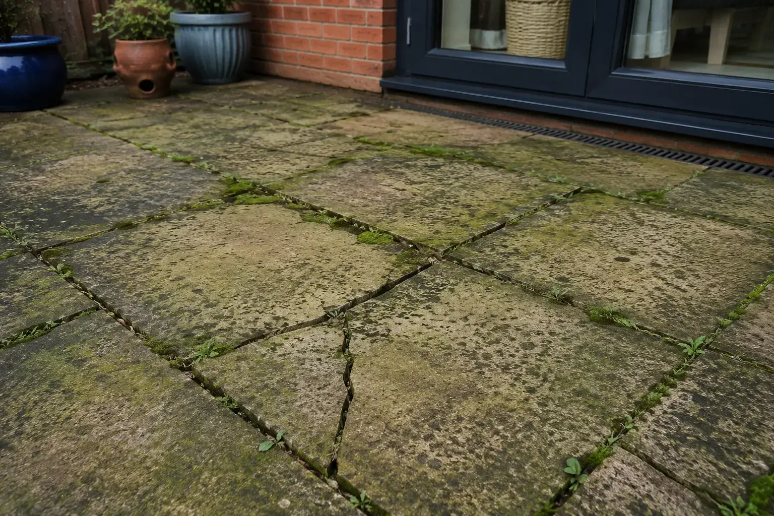 Patio repairs in Ely showing moss and algae growth in failed patio joints causing widening gaps between paving slabs.