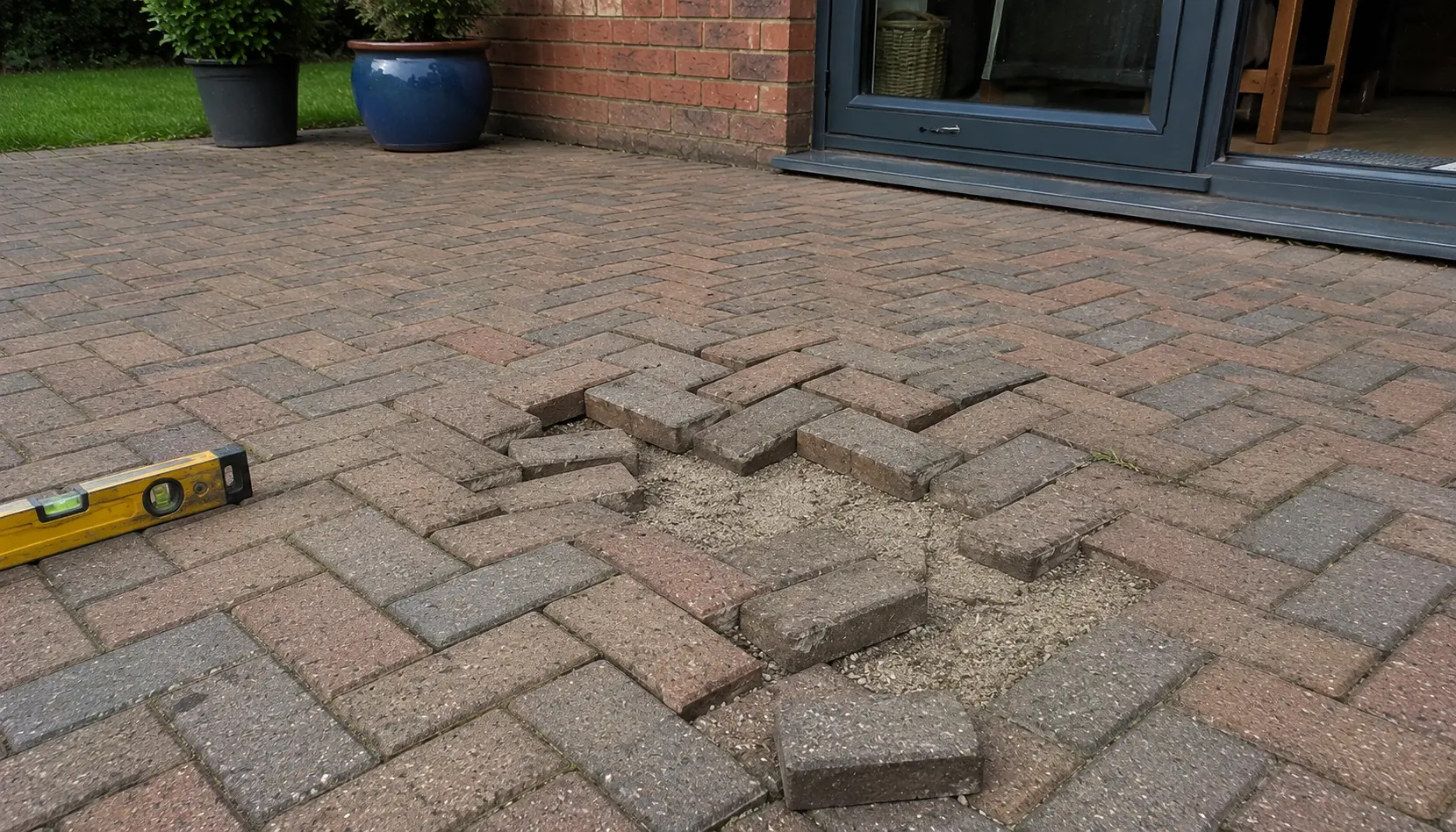 Patio repairs in Ely showing rocking block paving caused by a failed edge restraint and movement in the bedding layer beneath the patio.