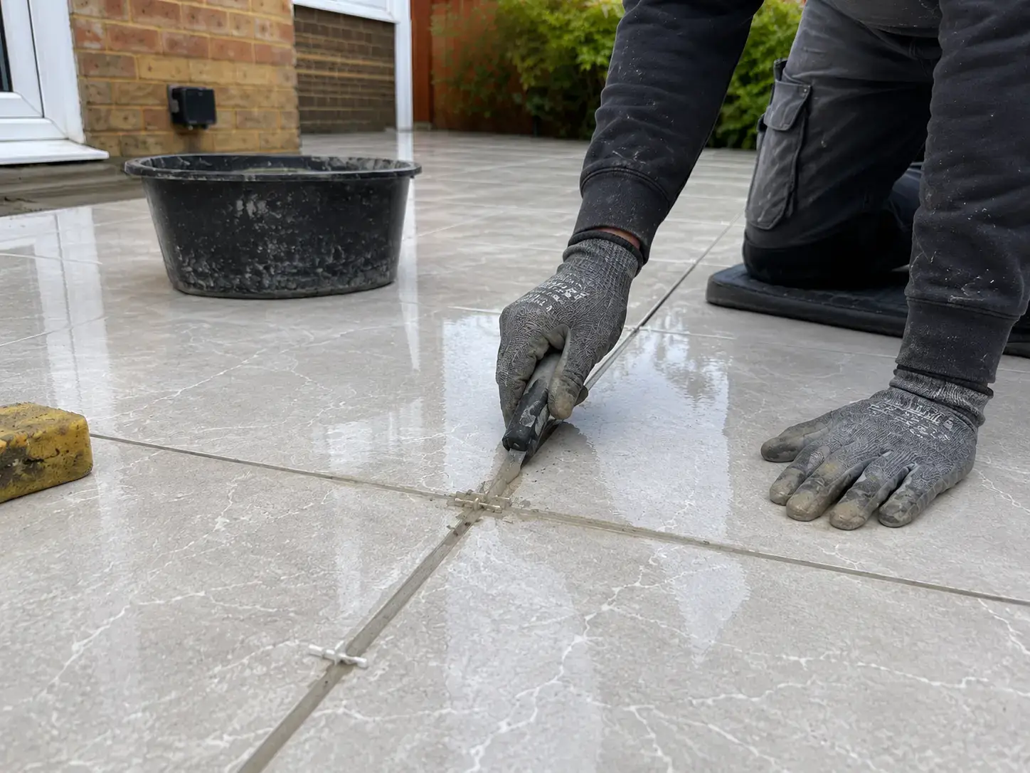 Close-up of a tradesman applying frost-proof jointing compound between large porcelain patio tiles during an outdoor paving installation in Ely.