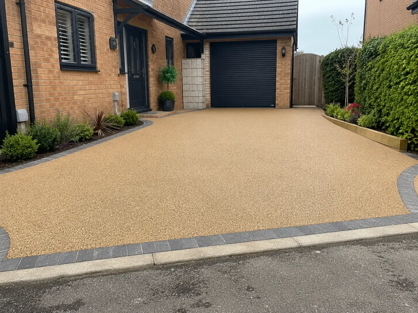 Buff resin bound driveway with charcoal block edging outside a modern brick home in Cambridge.
